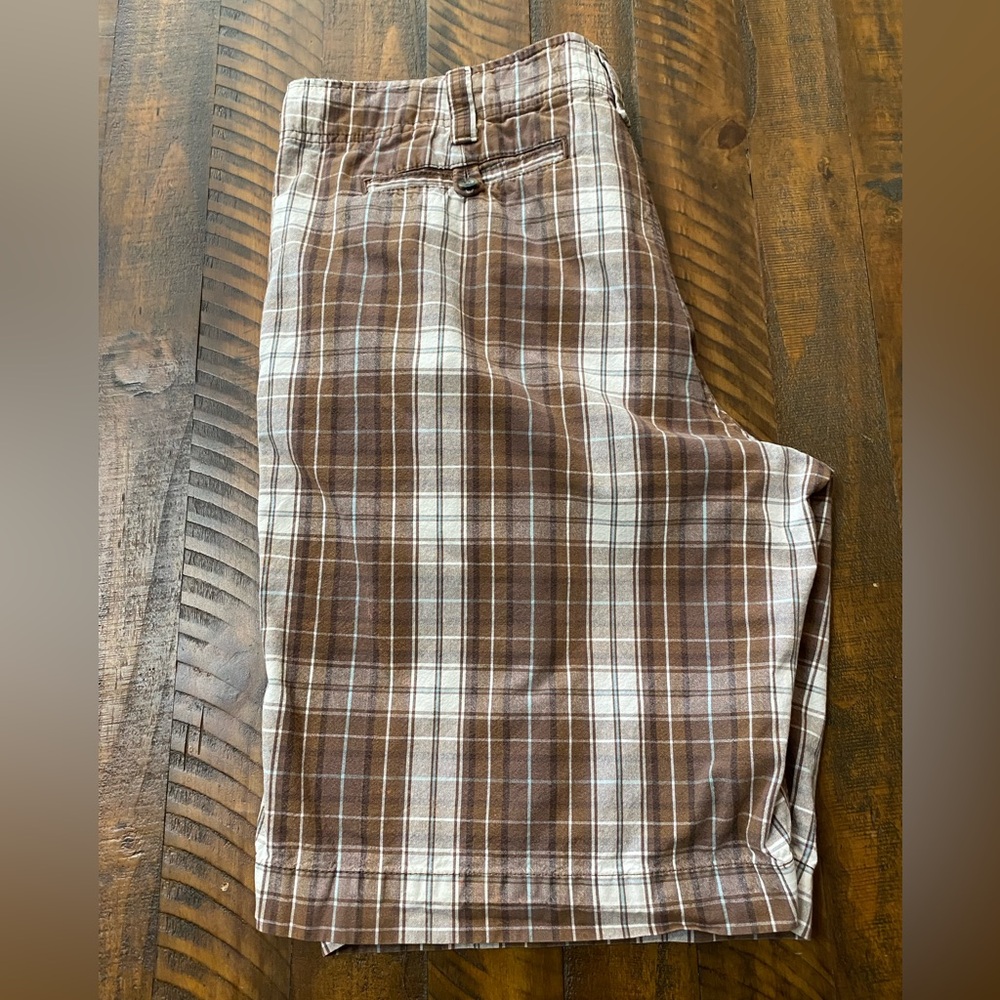 Mossimo Mens Brown Plaid Flat Front Shorts Sz 40 Side Pockets